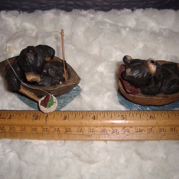 Hand Carved Look 2 Black Bear Fishing Figurines - Picture 6 of 7